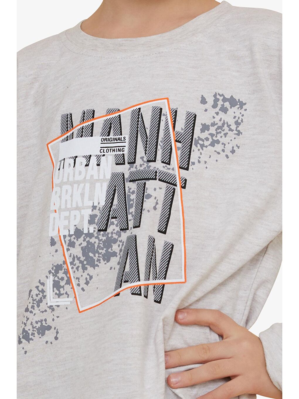 Erkek Çocuk Uzun Kollu Tişört Desenli Yazı Baskılı Bej Melanj (6-12 Yaş)-5