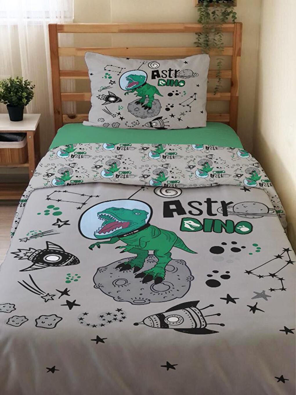 EVMİLA Karışık Çift Taraflı Dinozor Desenli Çarşafsız Takım Tek Kişilik Nevresim Takımı 160x220 Cm