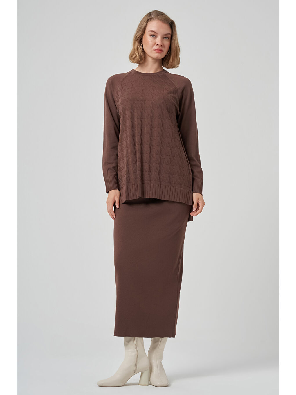 Kazayağı Desen Merserize Kalem Etekli Triko Takım 1350 Kahverengi