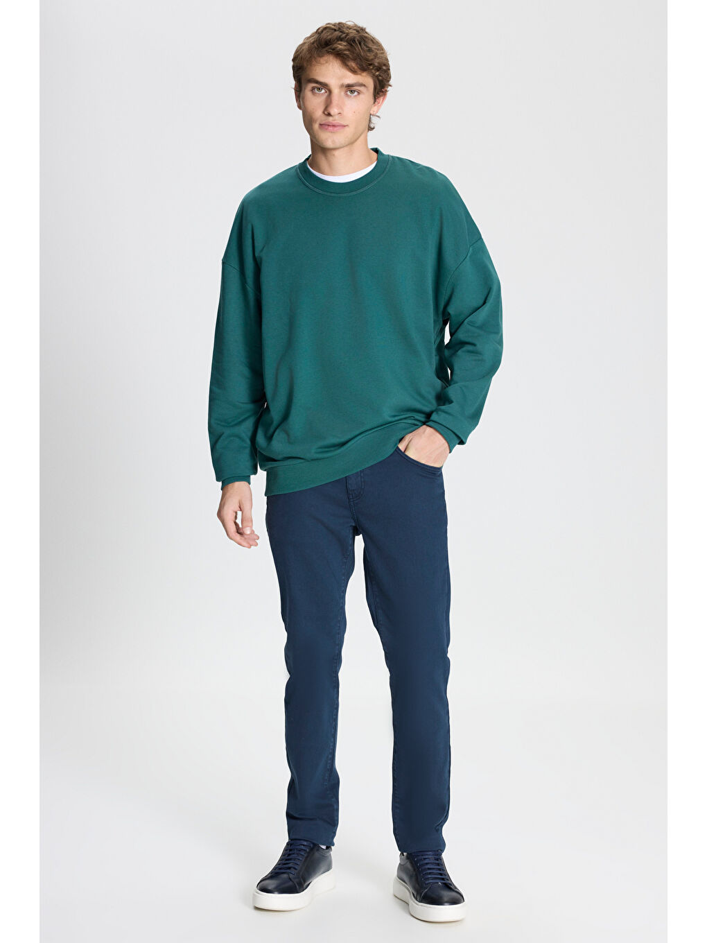 Erkek Koyu Yeşil Oversize Bol Kesim 3 İplik Bisiklet Yaka Pamuklu Sweatshirt-1
