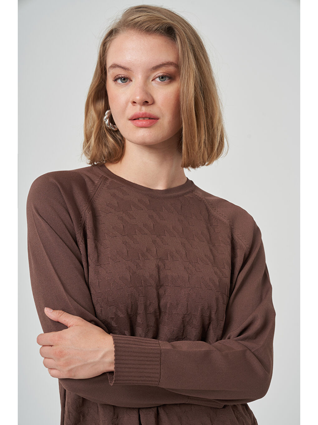 Kazayağı Desen Merserize Kalem Etekli Triko Takım 1350 Kahverengi-1