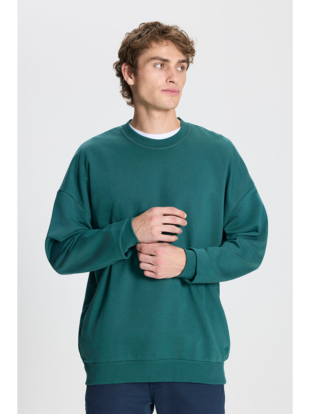 Erkek Koyu Yeşil Oversize Bol Kesim 3 İplik Bisiklet Yaka Pamuklu Sweatshirt-2