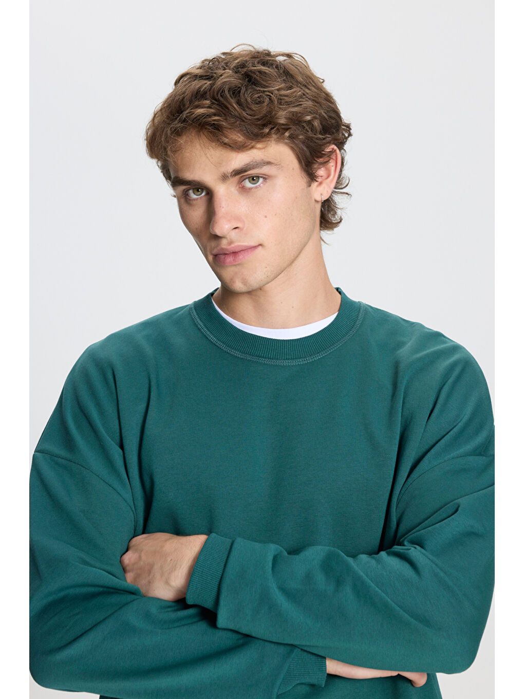 Erkek Koyu Yeşil Oversize Bol Kesim 3 İplik Bisiklet Yaka Pamuklu Sweatshirt-3