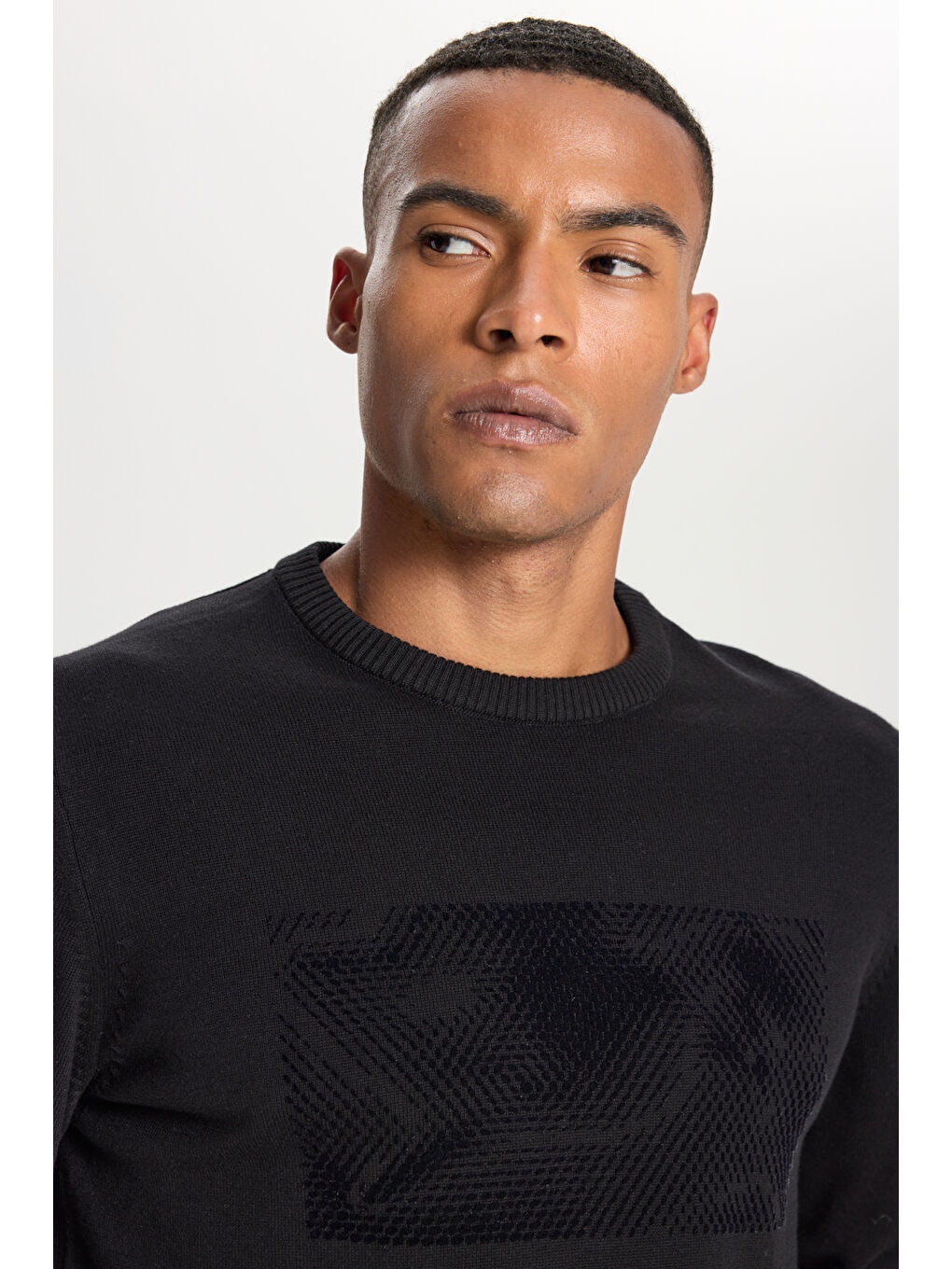 Erkek Siyah %100 Pamuk Standart Fit Normal Kesim Bisiklet Yaka Baskılı Triko Kazak-3