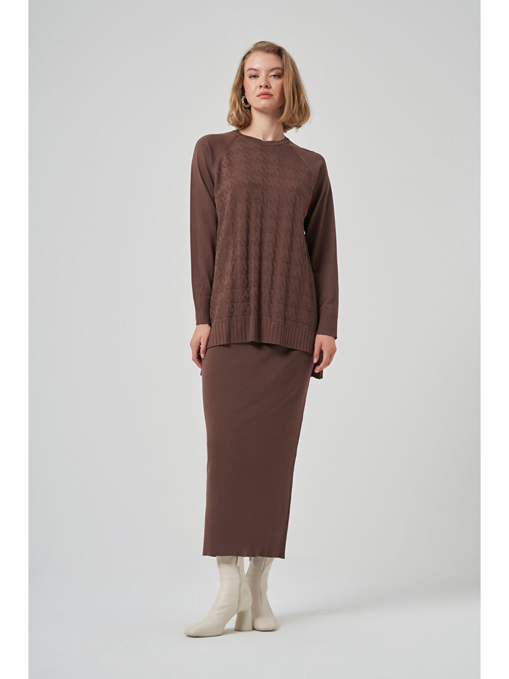Kazayağı Desen Merserize Kalem Etekli Triko Takım 1350 Kahverengi-3