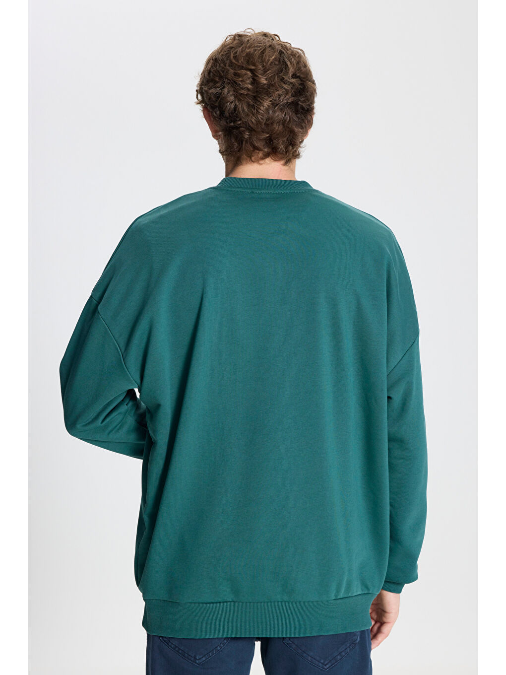 Erkek Koyu Yeşil Oversize Bol Kesim 3 İplik Bisiklet Yaka Pamuklu Sweatshirt-4