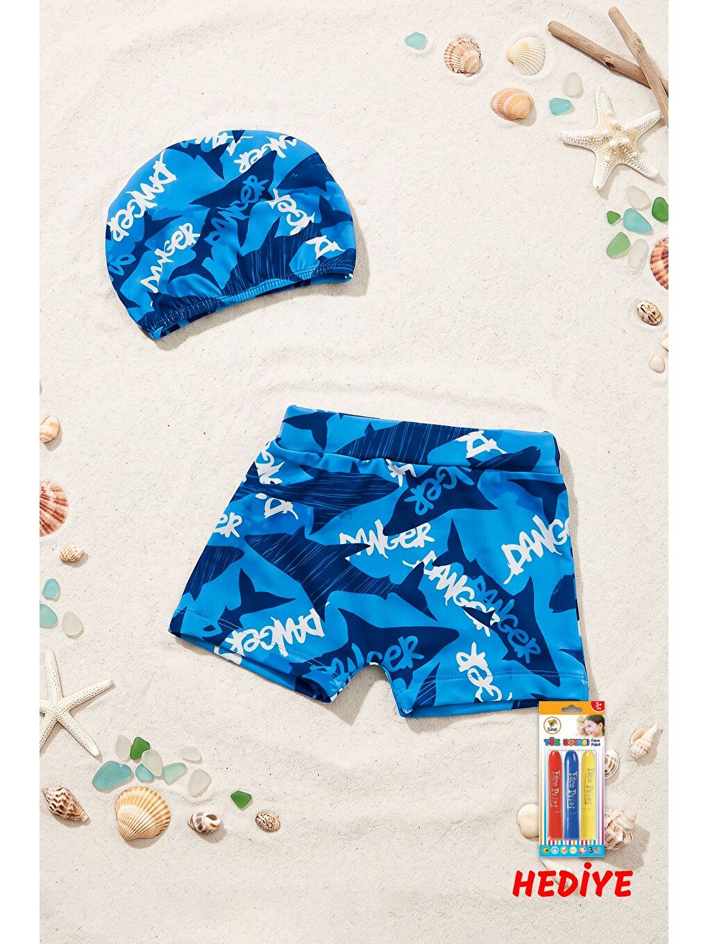 Mavi Erkek Çocuk Köpek Balığı Desenli Boneli - Şortlu Deniz Şortu Seti-1