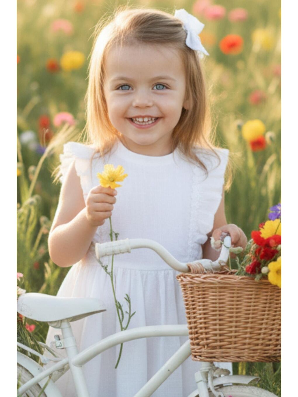 Kız Bebek Eloise Beyaz Fistolu Keten Elbise Toka Takım-1