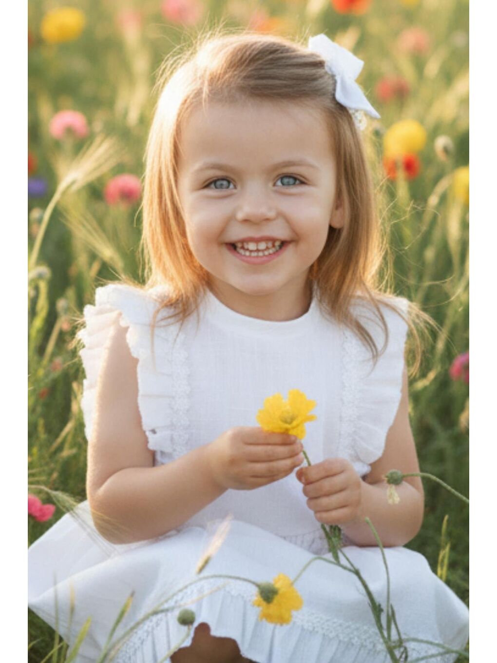 Kız Bebek Eloise Beyaz Fistolu Keten Elbise Toka Takım-2