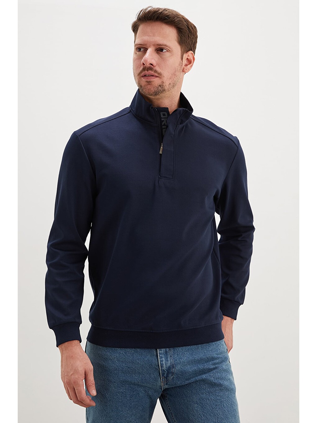 Lacivert Original Baskılı Yarım Fermuarlı Dik Yaka Sweatshirt-1