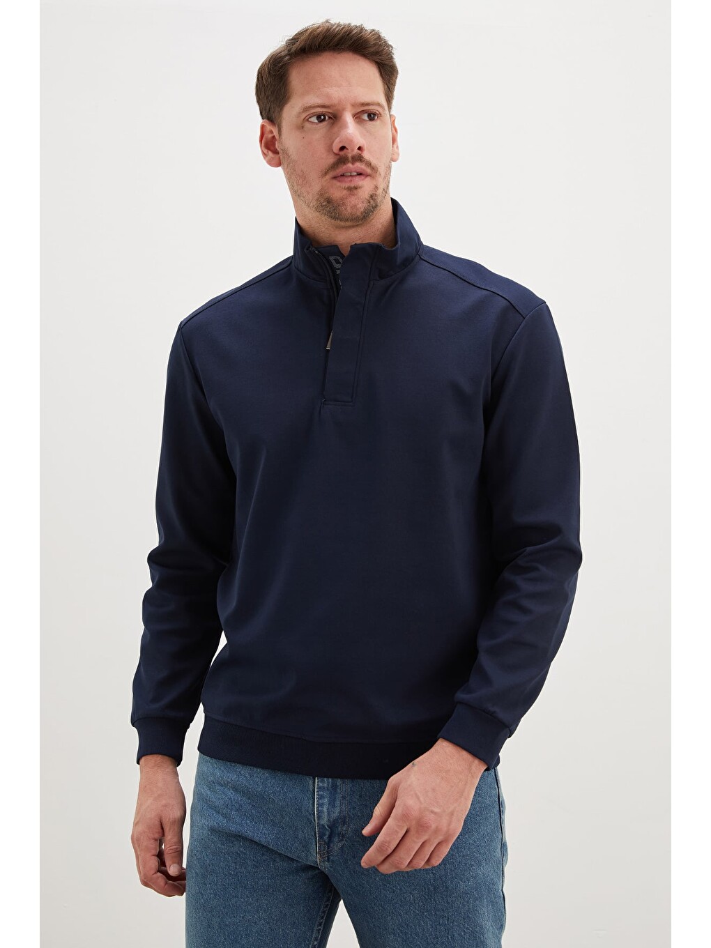 Lacivert Original Baskılı Yarım Fermuarlı Dik Yaka Sweatshirt-2