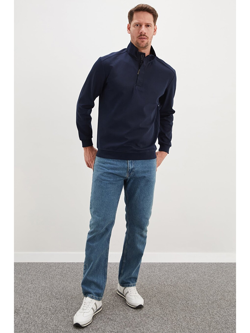 Lacivert Original Baskılı Yarım Fermuarlı Dik Yaka Sweatshirt-3