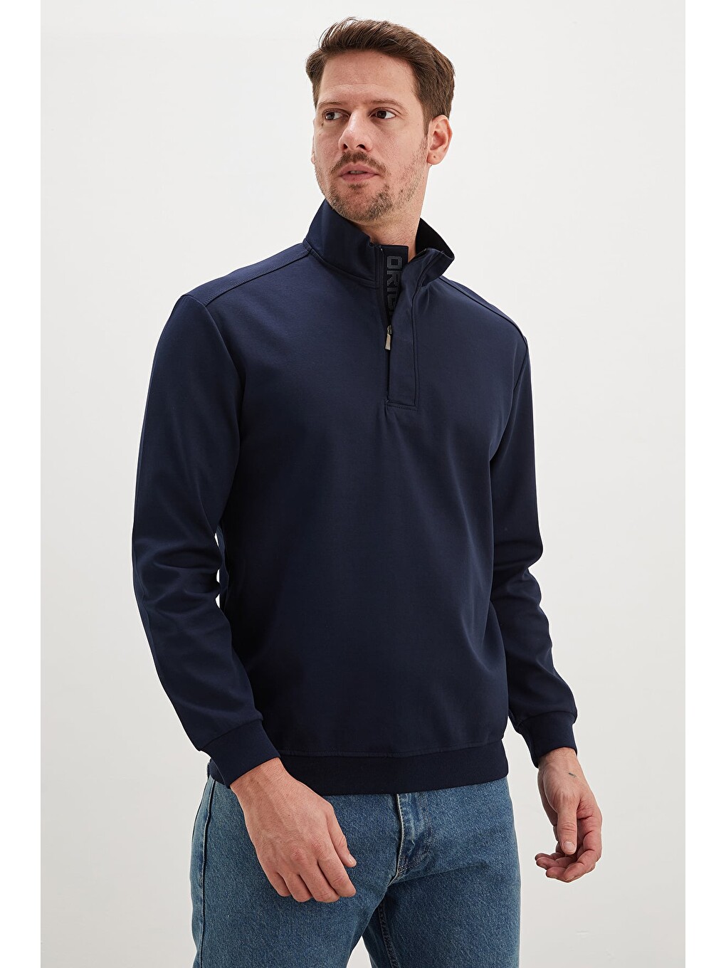 Lacivert Original Baskılı Yarım Fermuarlı Dik Yaka Sweatshirt-4
