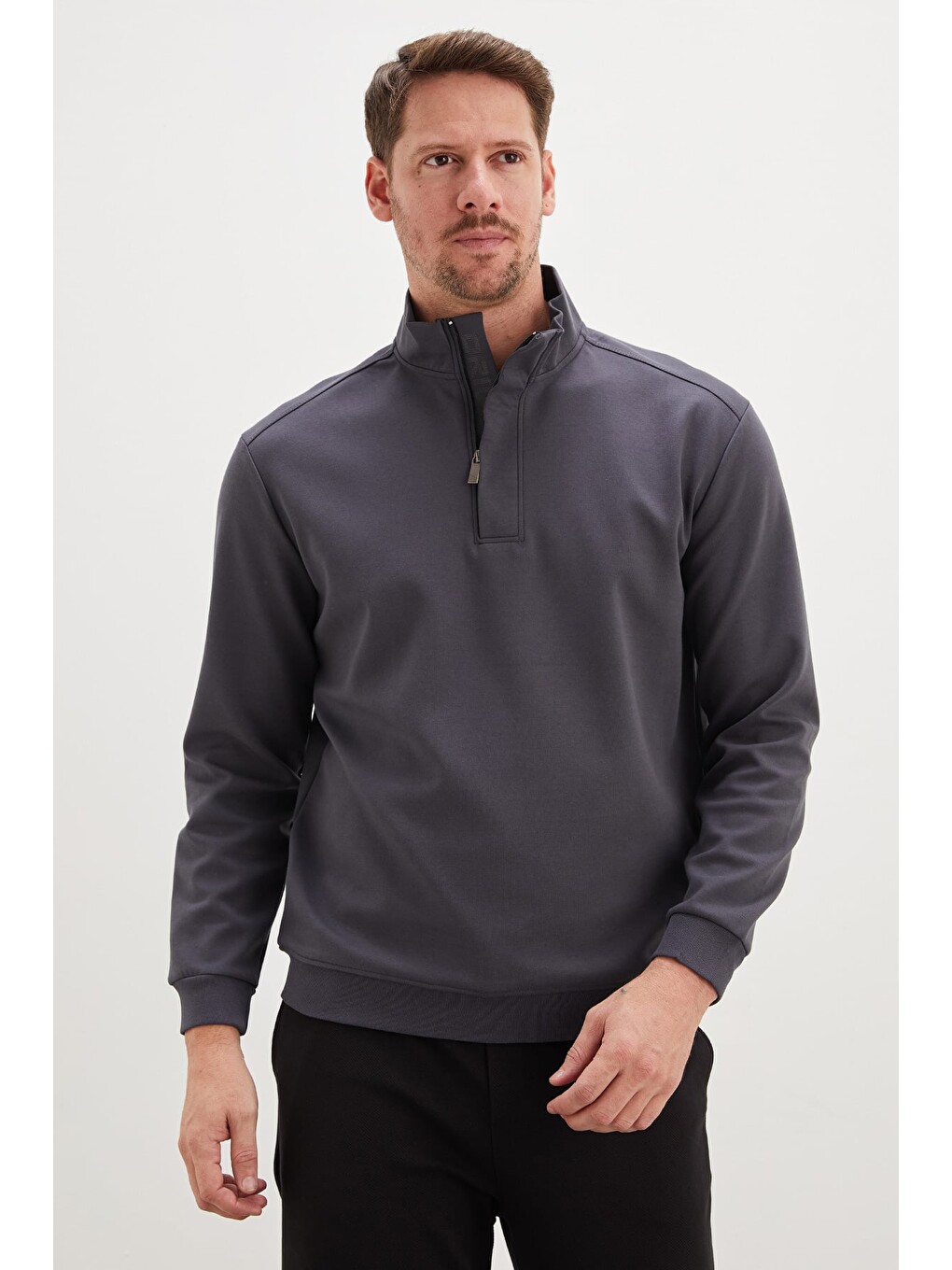 Gri Original Baskılı Yarım Fermuarlı Dik Yaka Sweatshirt-1