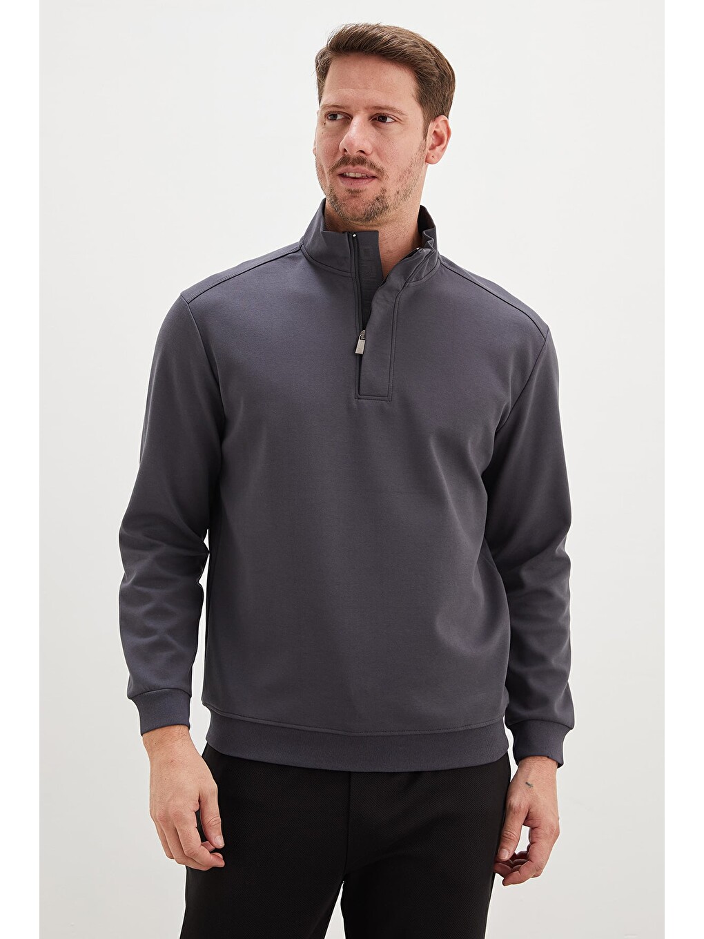 Gri Original Baskılı Yarım Fermuarlı Dik Yaka Sweatshirt-2