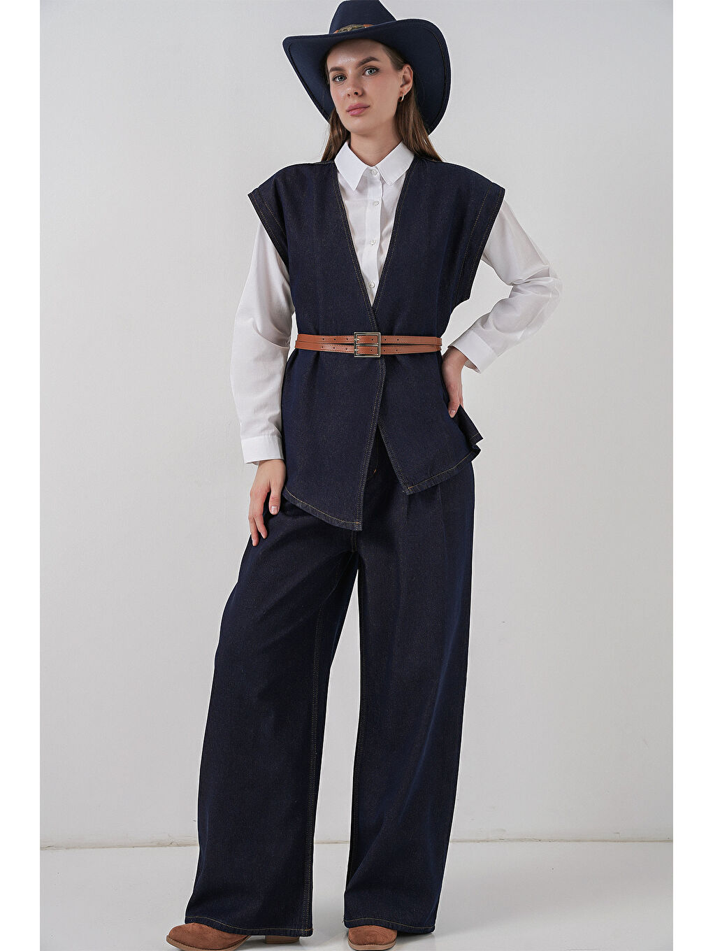 Kadın Yelek Pantolon Jean İkili Takım 30062 - Koyu Mavi-1