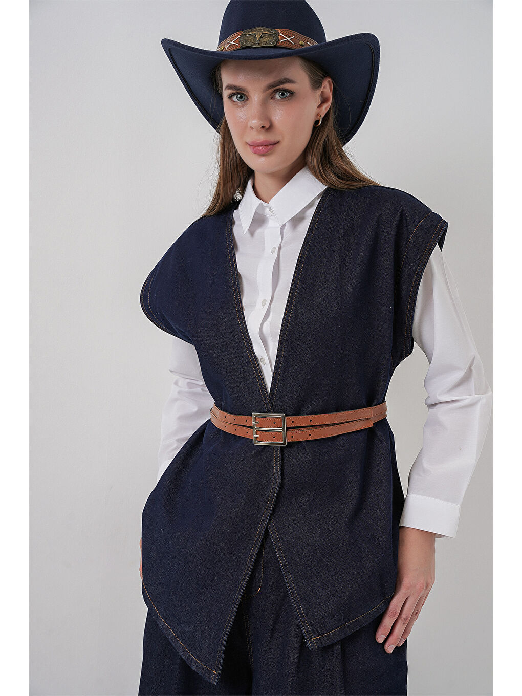 Kadın Yelek Pantolon Jean İkili Takım 30062 - Koyu Mavi-2