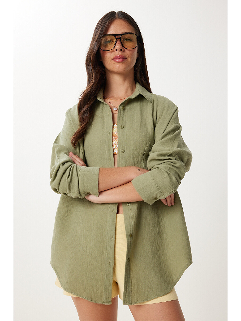 Yeşil Oversize Basic Müslin Gömlek ÇAĞLA YEŞİLİ LMX0002