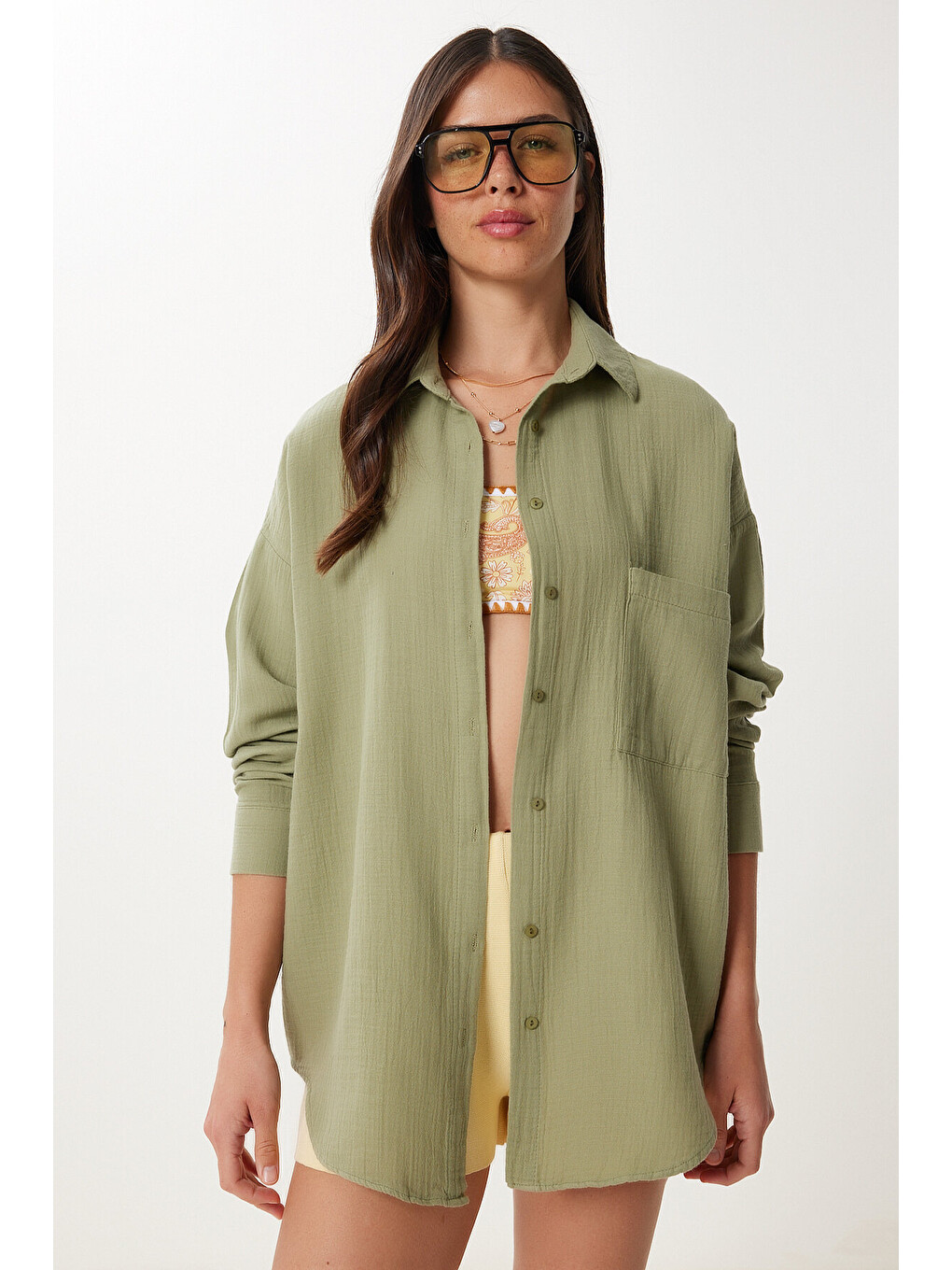 Yeşil Oversize Basic Müslin Gömlek ÇAĞLA YEŞİLİ LMX0002-2