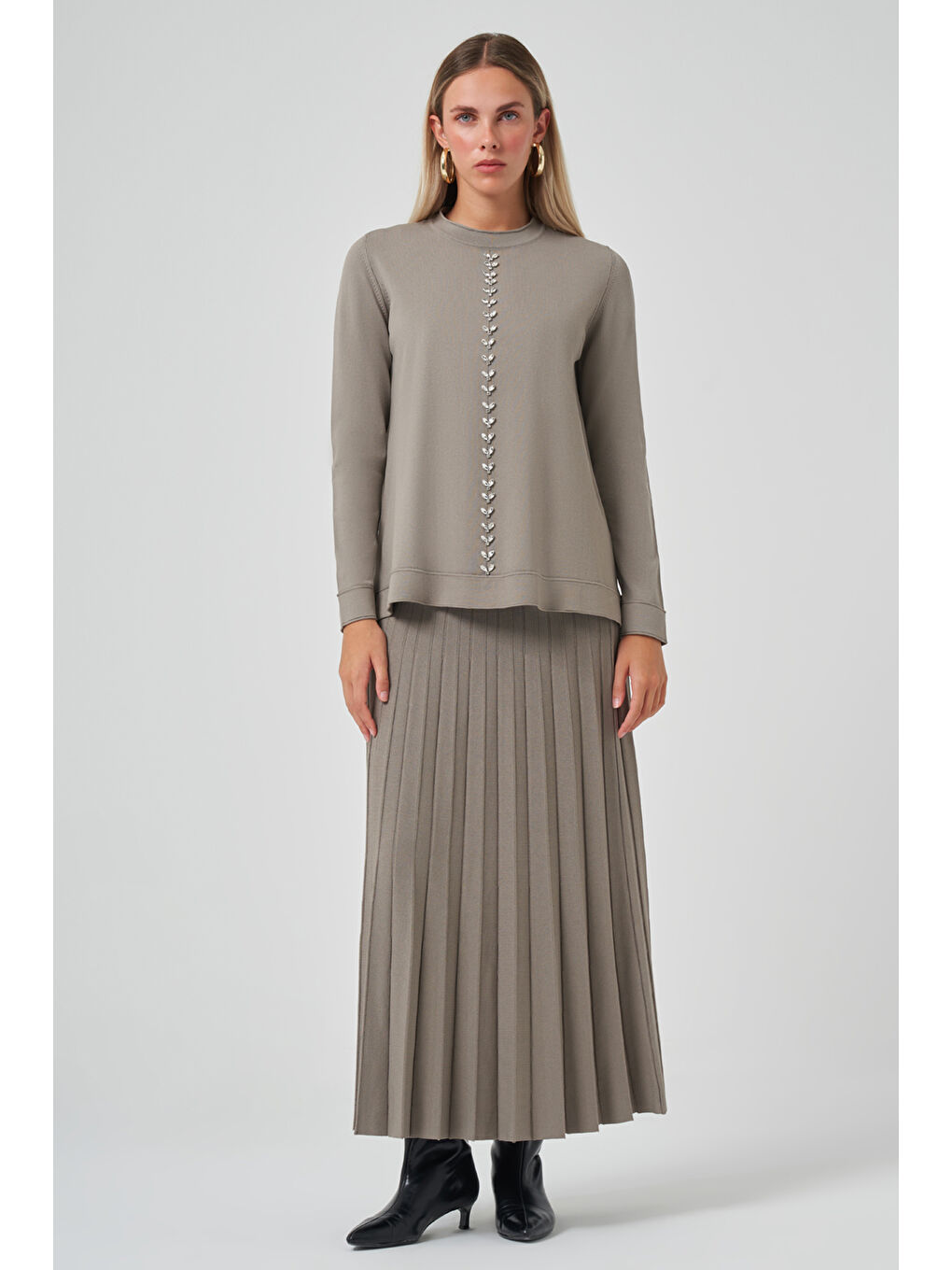 Taş İşleme Detay Triko Takım 1351 Açık Haki