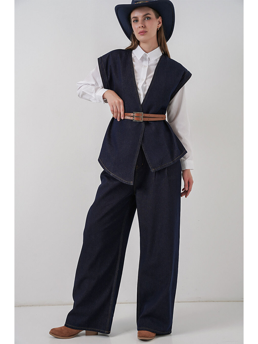 Kadın Yelek Pantolon Jean İkili Takım 30062 - Koyu Mavi-3