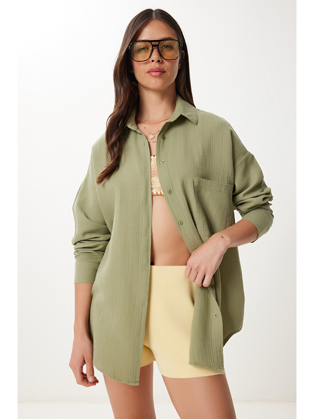 Yeşil Oversize Basic Müslin Gömlek ÇAĞLA YEŞİLİ LMX0002-4