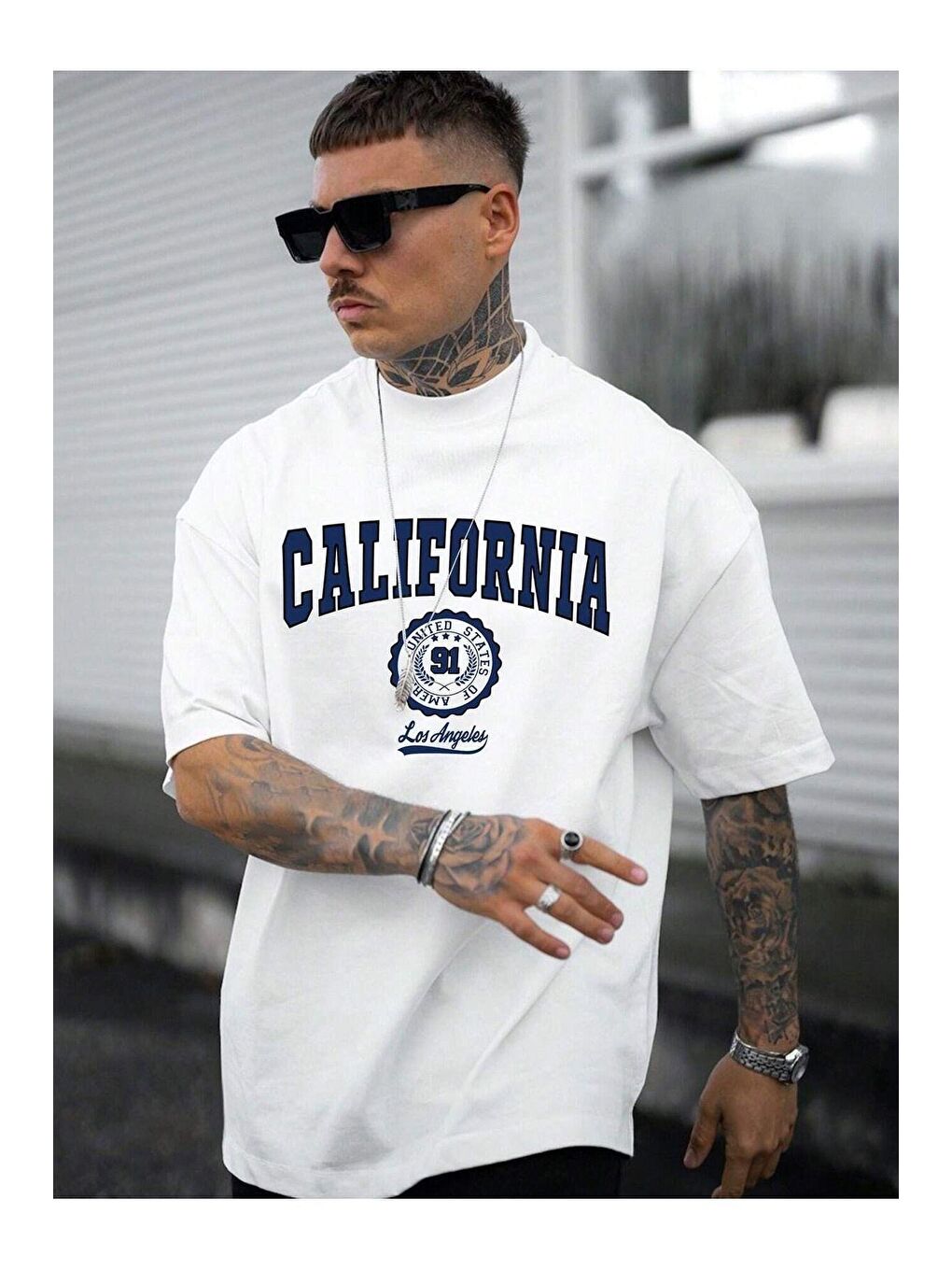 Trendseninle Kırık Beyaz Erkek Beyaz California United State 91  Baskılı Oversize Tişört