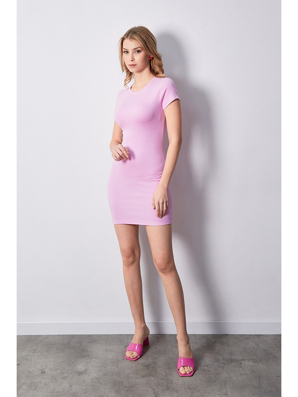 Pembe Basic Bisiklet Yaka Elbise-2