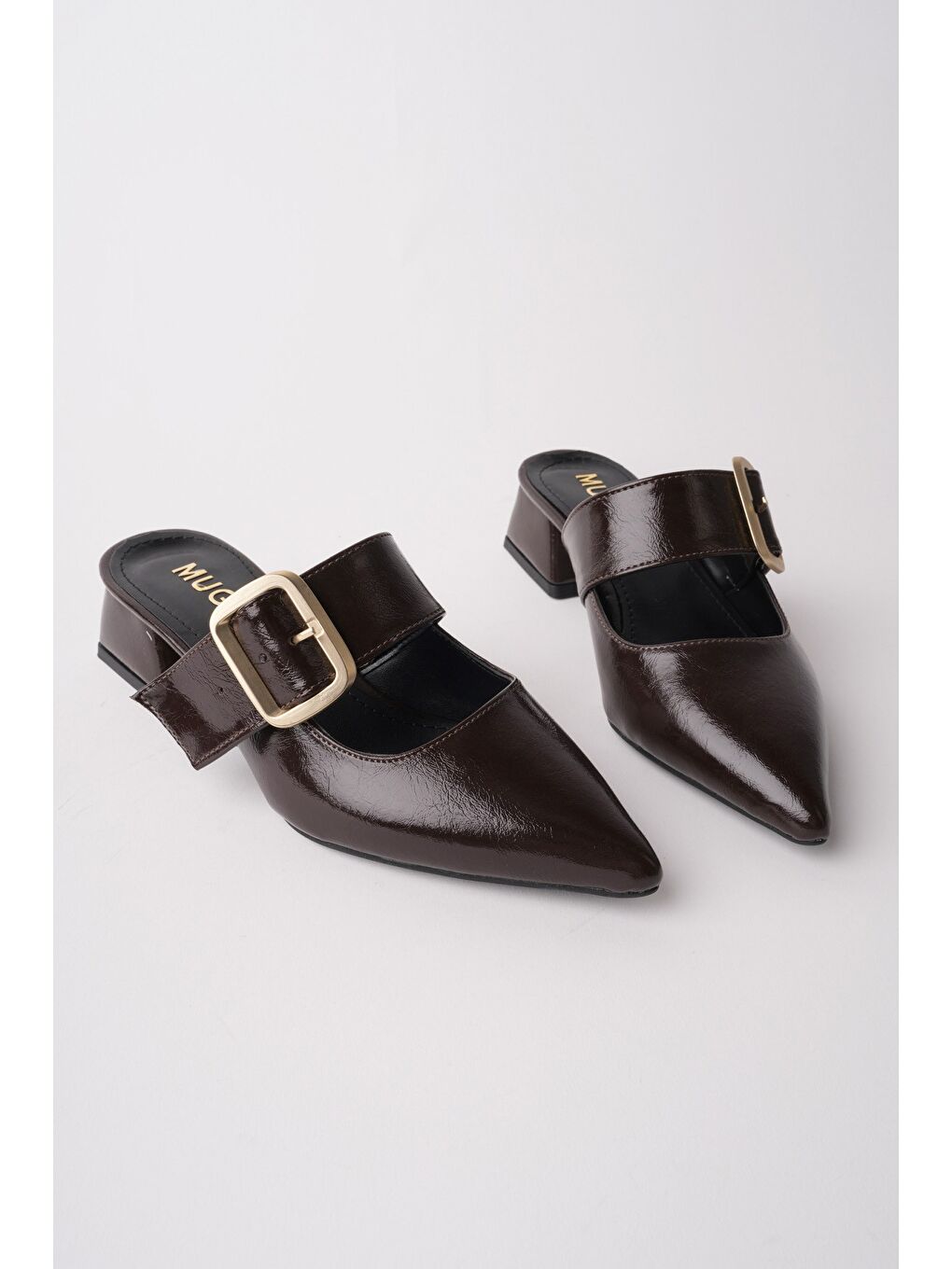 Kahverengi DESTİNY Gold Tokalı Tek Bant Sivri Burun Kadın Topuklu Terlik-1