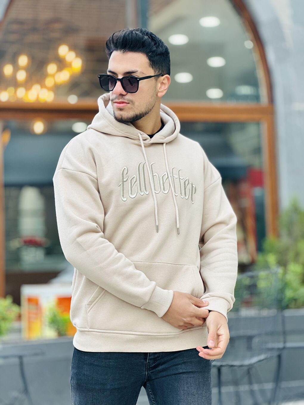 Miron Bej Fell Better Nakışlı Kapüşonlu Üç İplik Oversize Sweatshirt