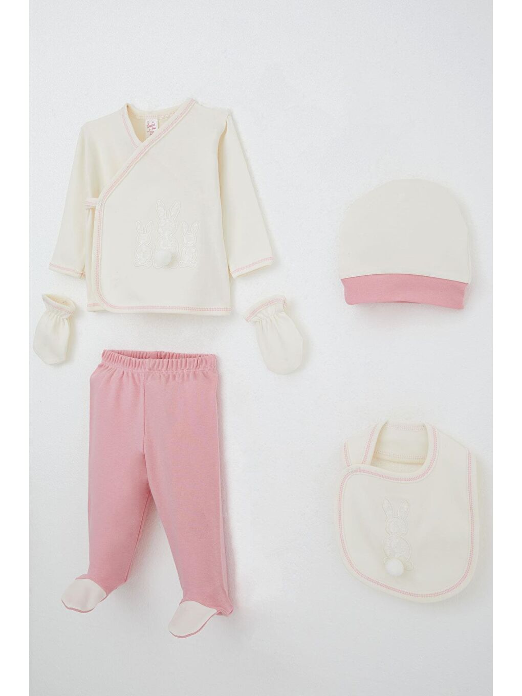 Kız Bebek Hastane Çıkışı 5 Li Ponponlu Tavşancık Nakışlı Ekru (0-3 Ay)-1