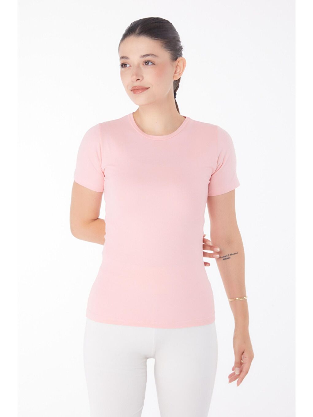 TOFİSA Pembe Düz Bisiklet Yaka Kadın Pembe Kısa Kollu T-shirt - 25768