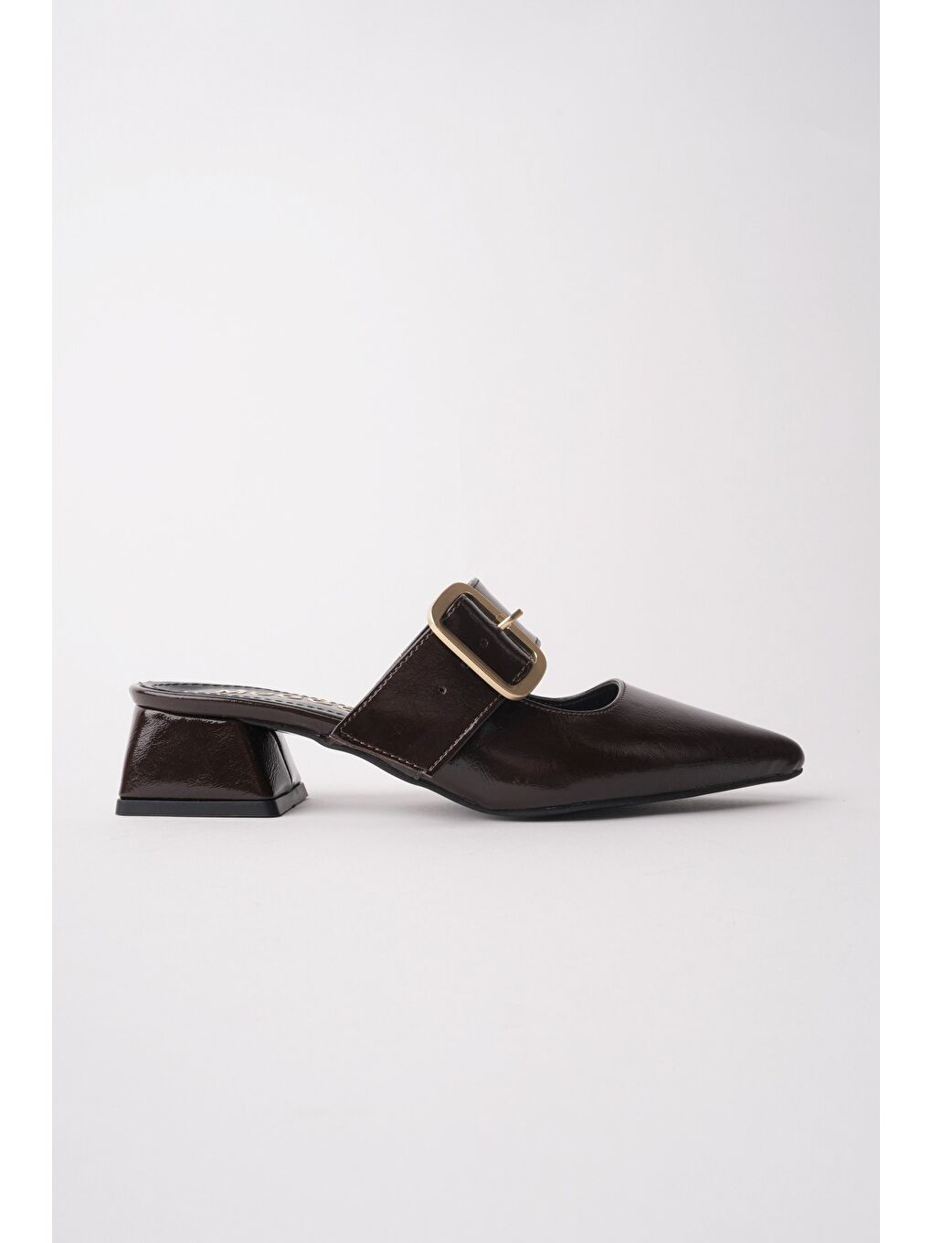 Kahverengi DESTİNY Gold Tokalı Tek Bant Sivri Burun Kadın Topuklu Terlik-4