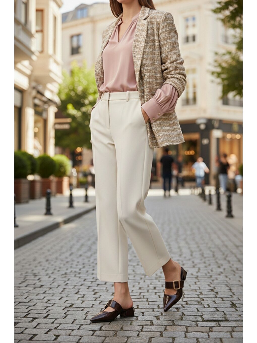 Kahverengi DESTİNY Gold Tokalı Tek Bant Sivri Burun Kadın Topuklu Terlik-5