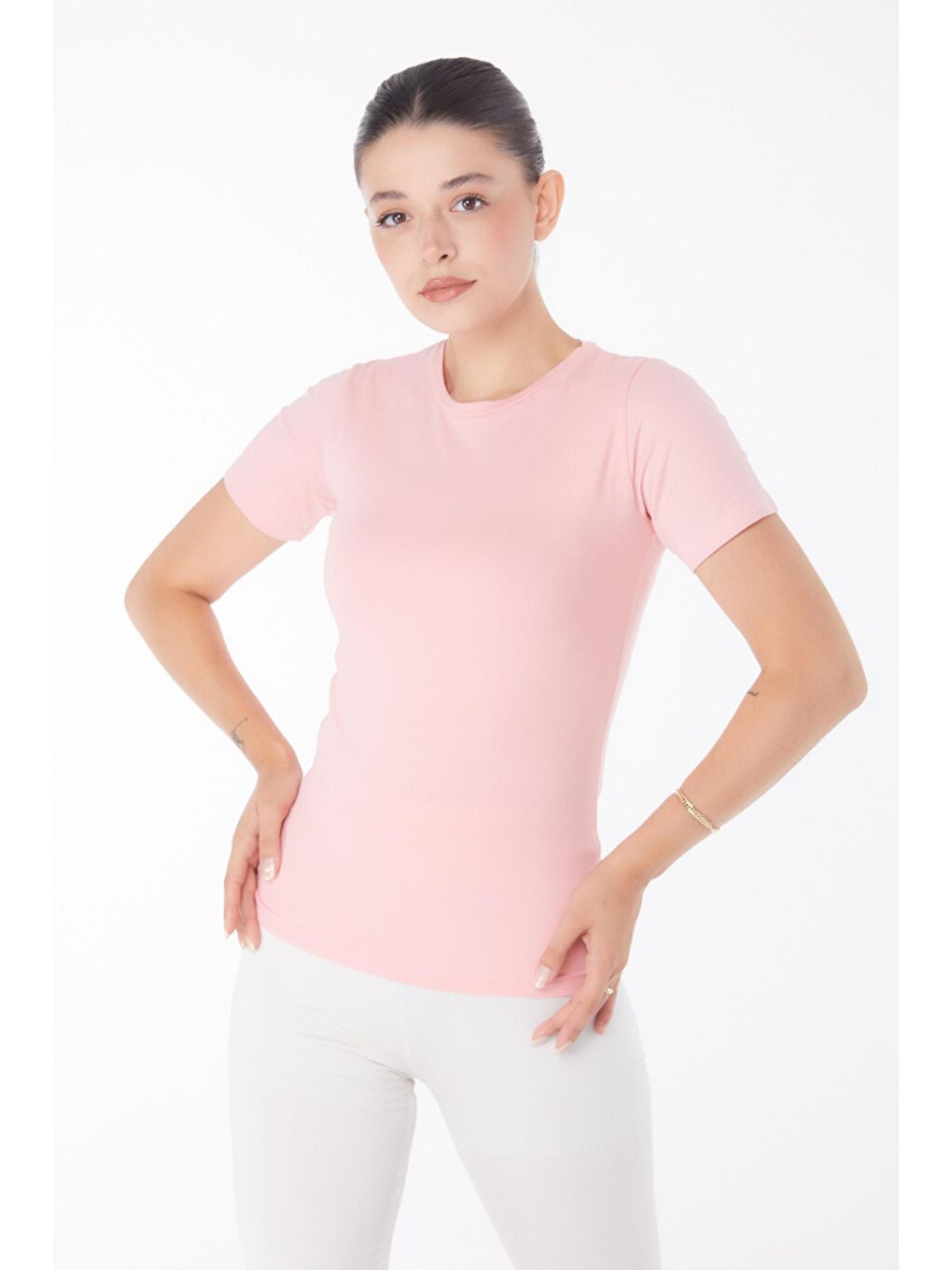 TOFİSA Pembe Düz Bisiklet Yaka Kadın Pembe Kısa Kollu T-shirt - 25768 - 1