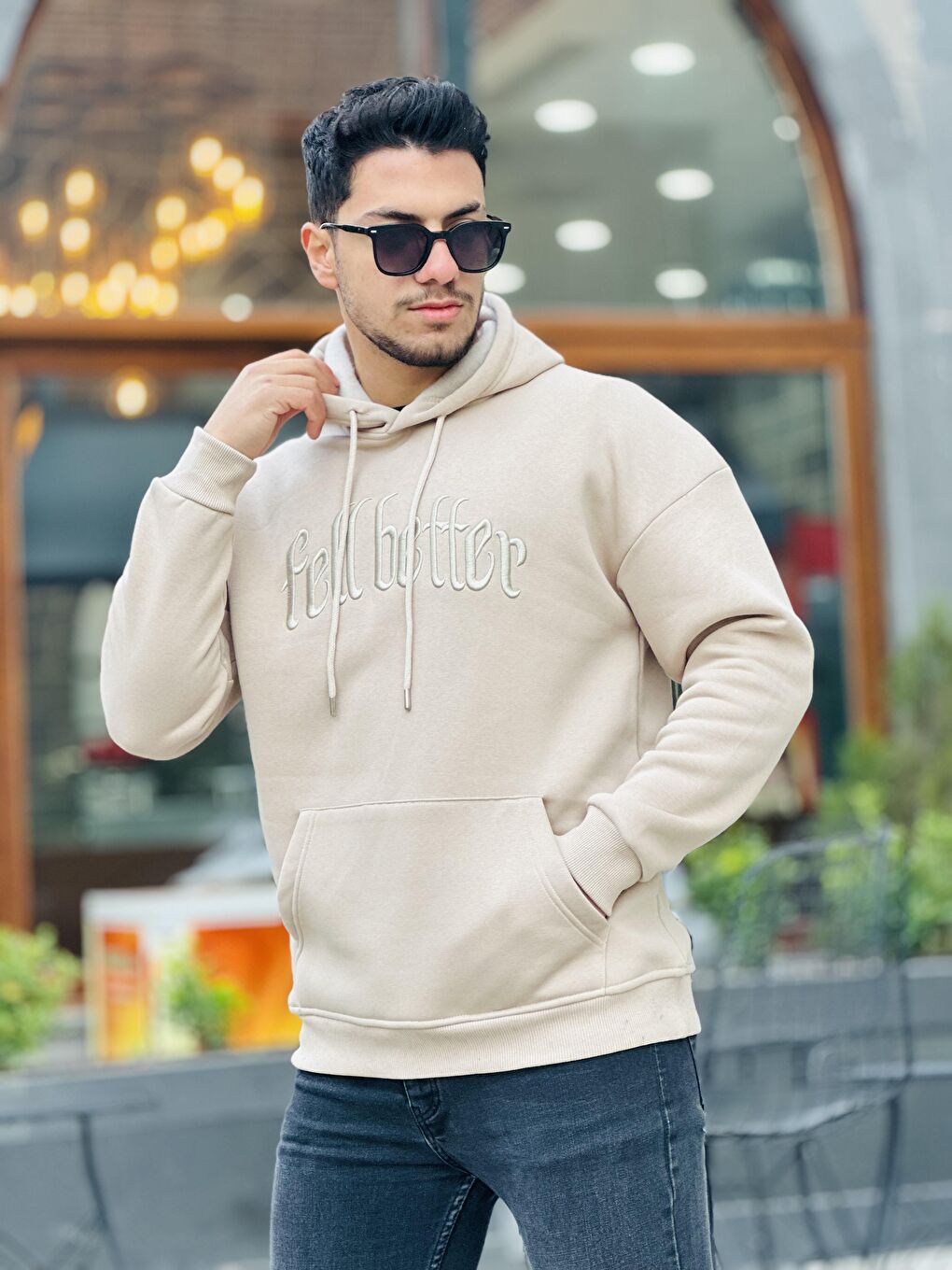 Miron Bej Fell Better Nakışlı Kapüşonlu Üç İplik Oversize Sweatshirt - 1