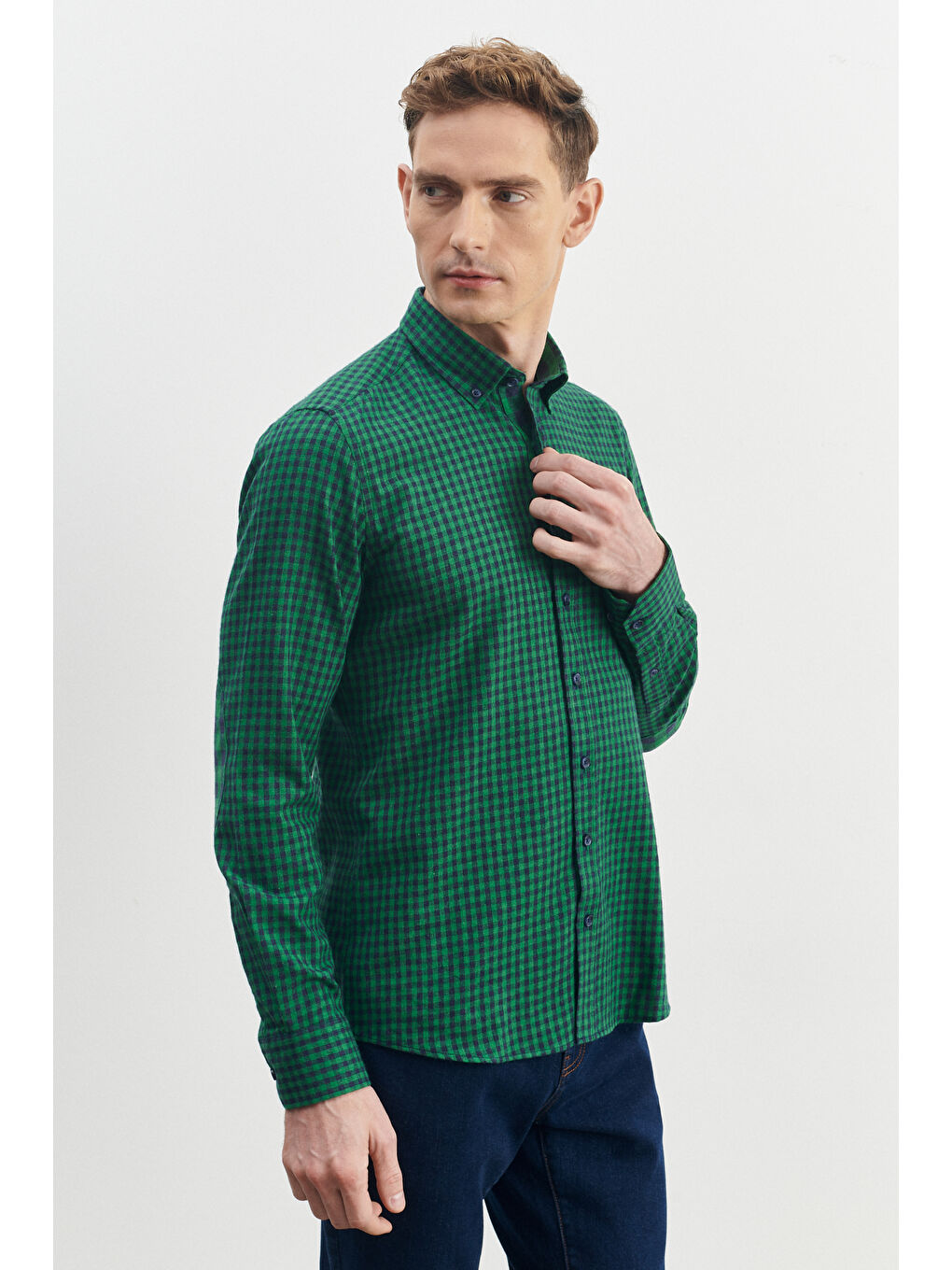 Erkek Yeşil-Lacivert Slim Fit Dar Kesim Düğmeli Yaka Pötikareli Flanel Oduncu Gömlek