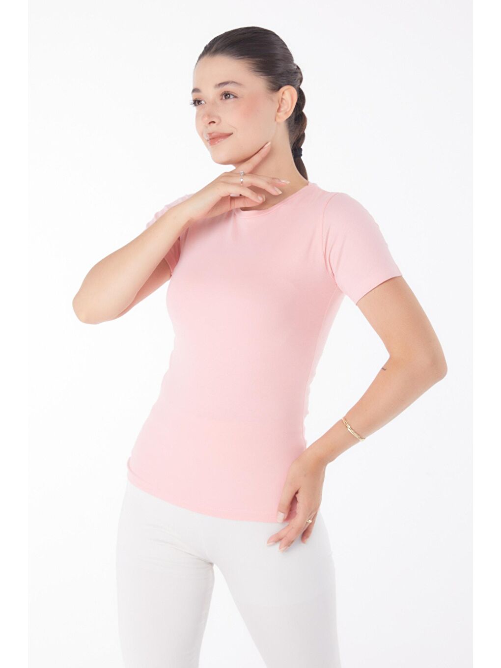 TOFİSA Pembe Düz Bisiklet Yaka Kadın Pembe Kısa Kollu T-shirt - 25768 - 2