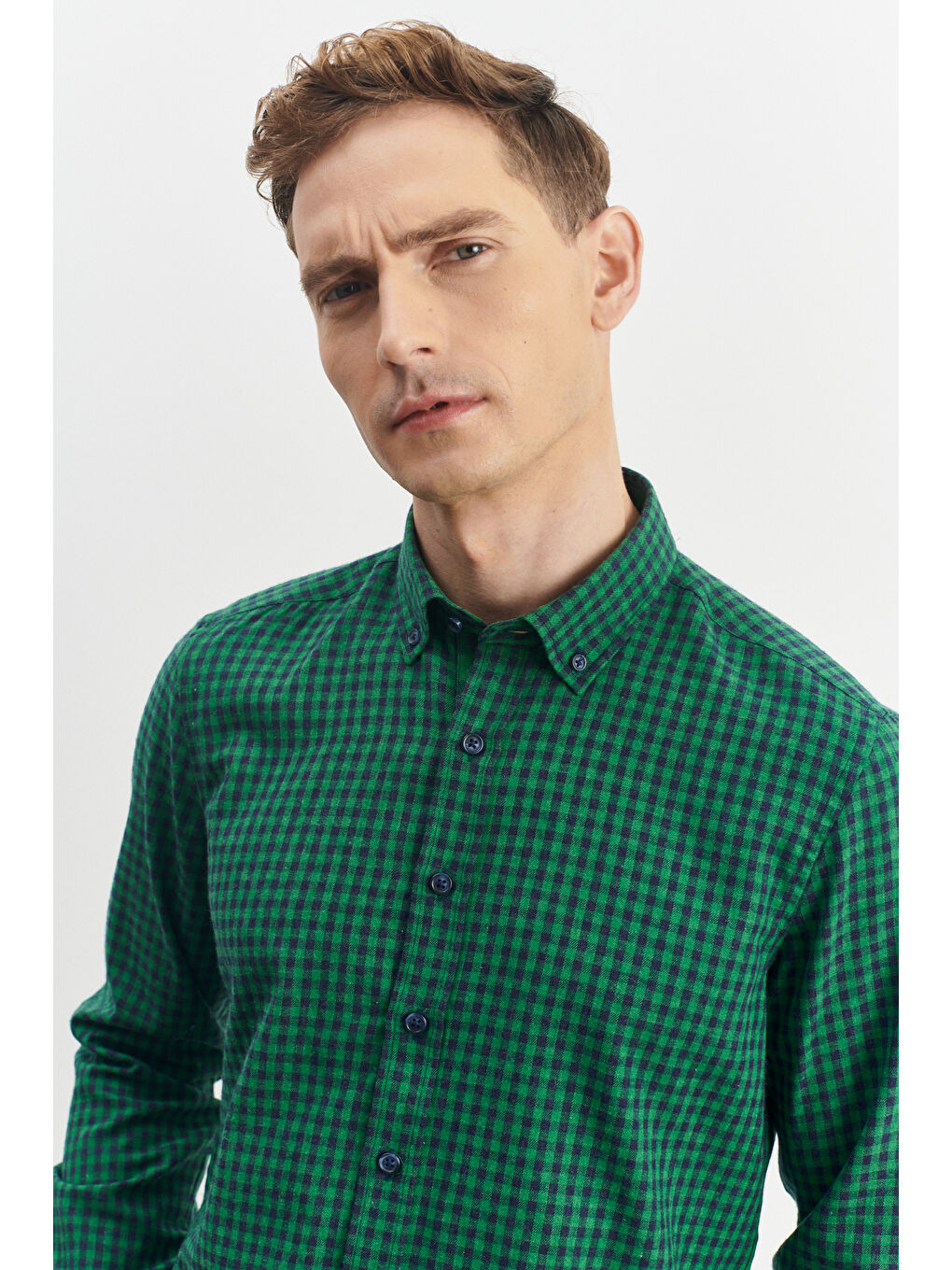 Erkek Yeşil-Lacivert Slim Fit Dar Kesim Düğmeli Yaka Pötikareli Flanel Oduncu Gömlek-2