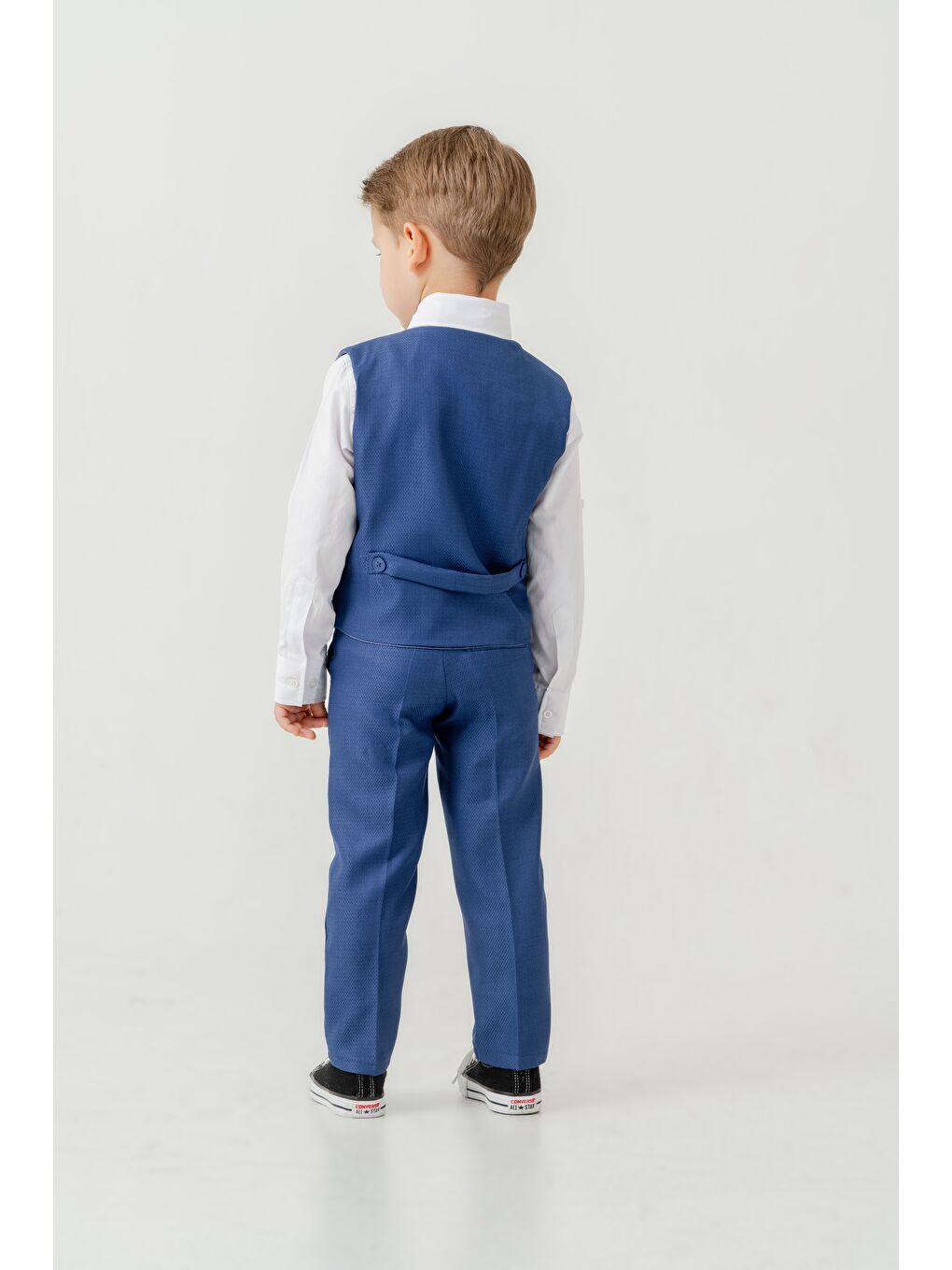 Mavi Erkek Çocuk Yelekli Slim Fit Takım Elbise – 4 Parça (Yelek, Pantolon, Gömlek, Papyon) TE.7026-4