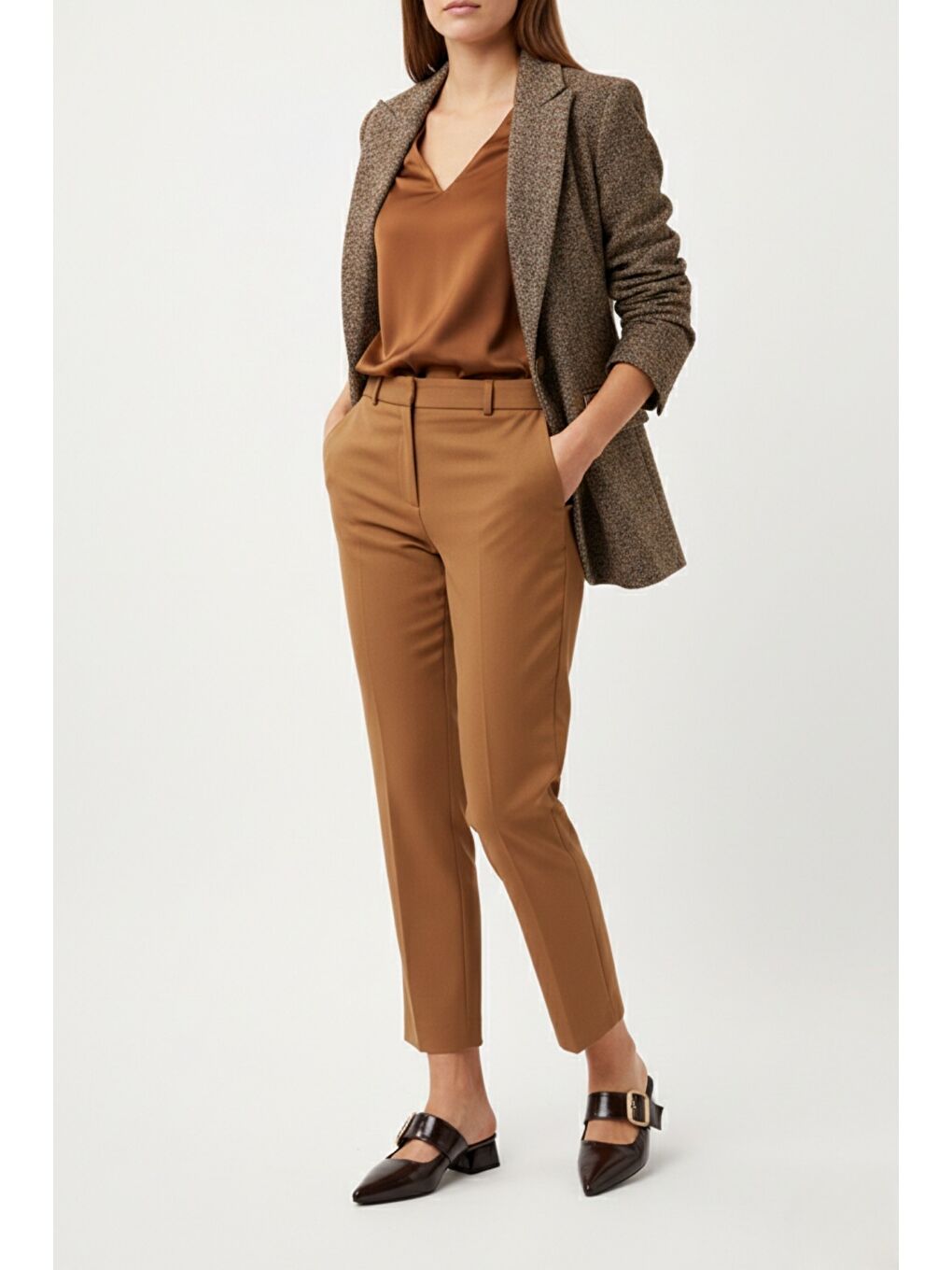 Kahverengi DESTİNY Gold Tokalı Tek Bant Sivri Burun Kadın Topuklu Terlik-7