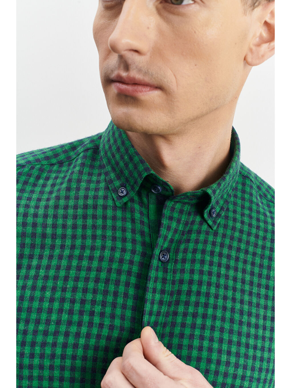 Erkek Yeşil-Lacivert Slim Fit Dar Kesim Düğmeli Yaka Pötikareli Flanel Oduncu Gömlek-3