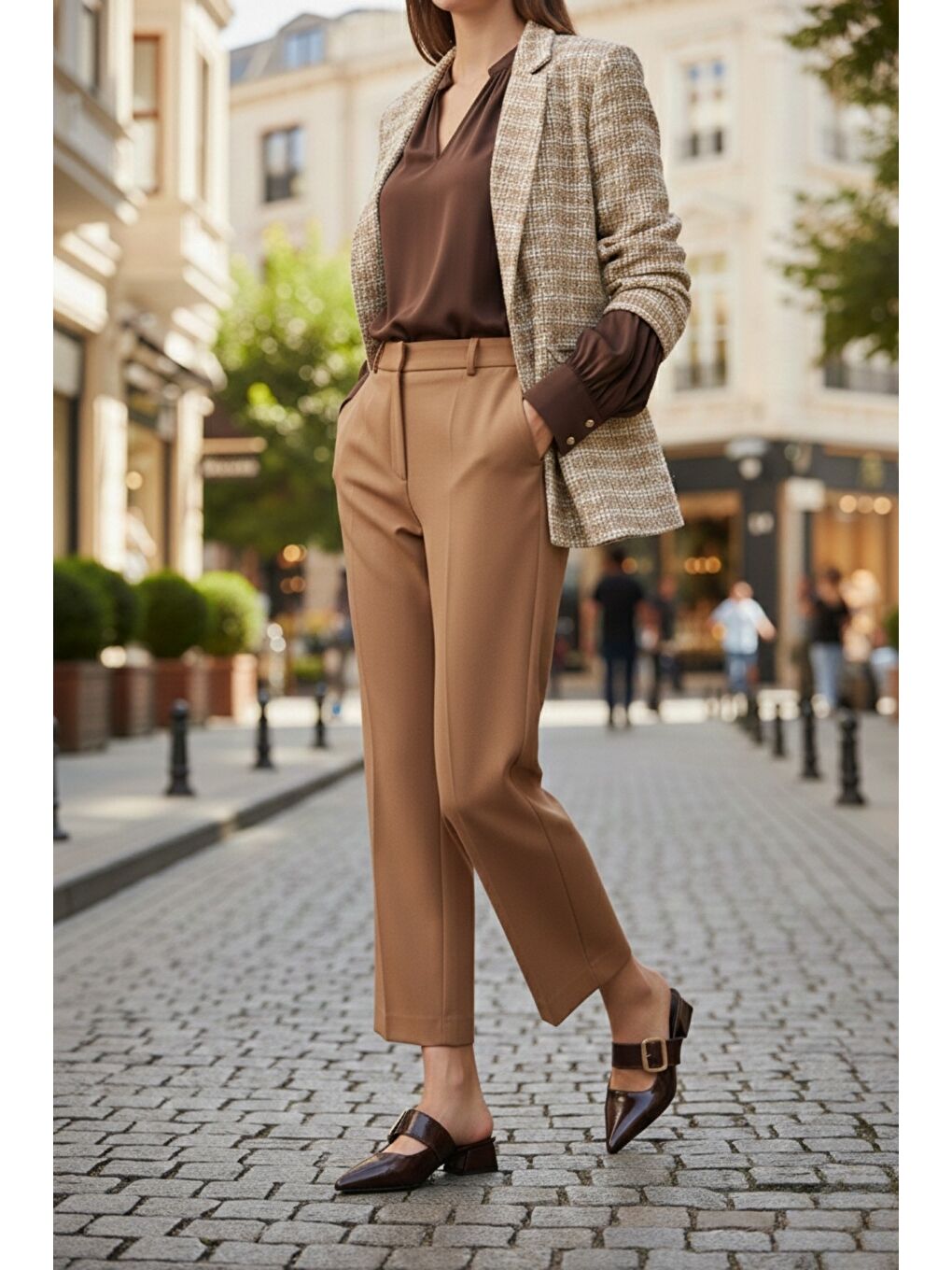 Kahverengi DESTİNY Gold Tokalı Tek Bant Sivri Burun Kadın Topuklu Terlik-8