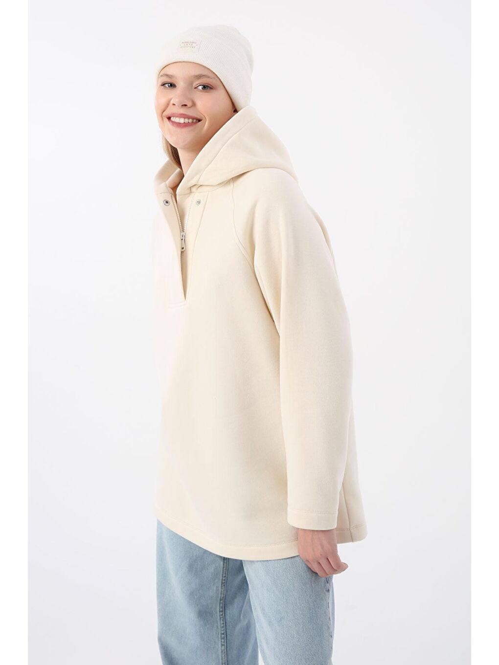 Ekru Oversize Kapüşonlu Şardonlu Sweatshirt-1