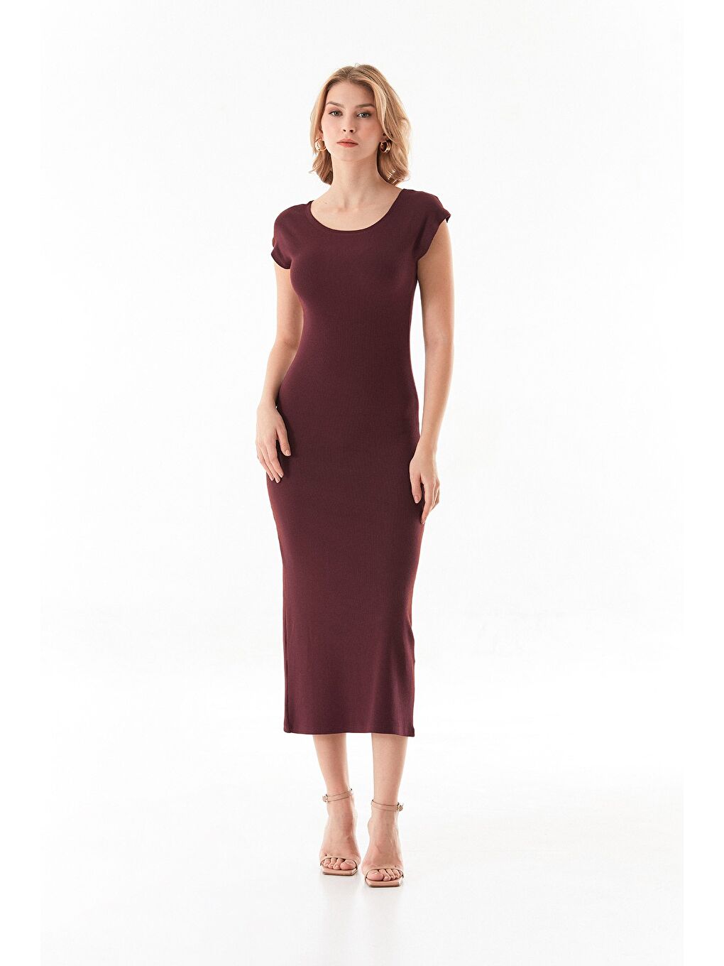Bordo Basic Ribanalı Yırtmaçlı Elbise-3