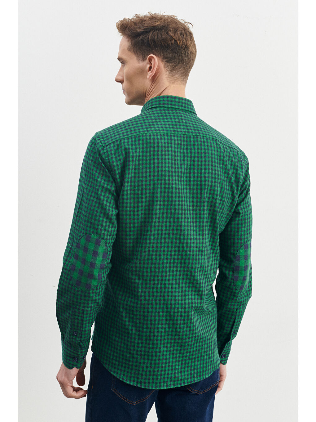 Erkek Yeşil-Lacivert Slim Fit Dar Kesim Düğmeli Yaka Pötikareli Flanel Oduncu Gömlek-4