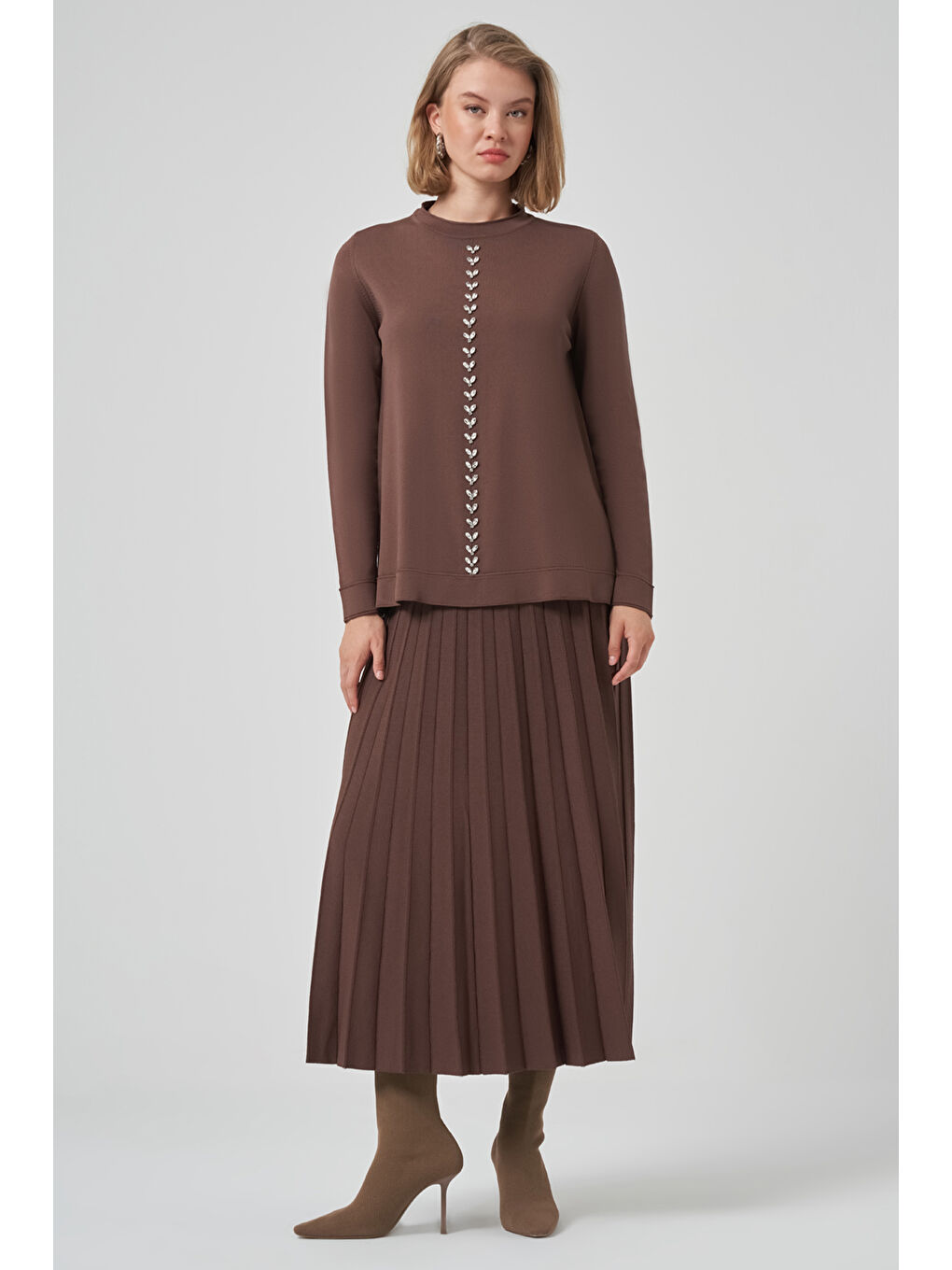 Taş İşleme Detay Triko Takım 1351 Kahverengi