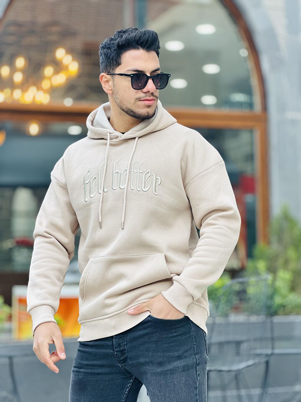 Miron Bej Fell Better Nakışlı Kapüşonlu Üç İplik Oversize Sweatshirt - 2