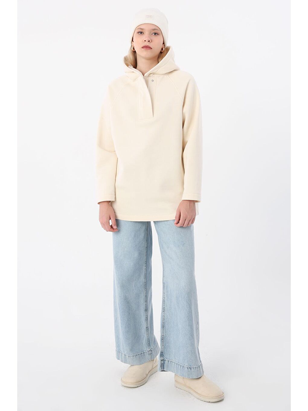 Ekru Oversize Kapüşonlu Şardonlu Sweatshirt-2
