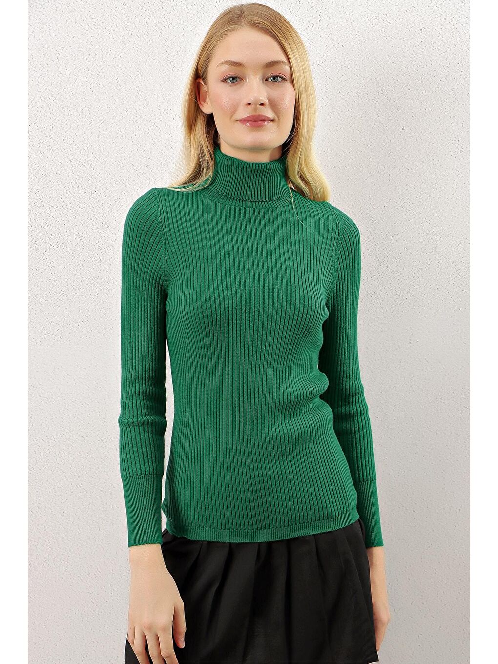 Zümrüt Yeşili Balıkçı Yaka Fitilli Basic Body Triko Kazak